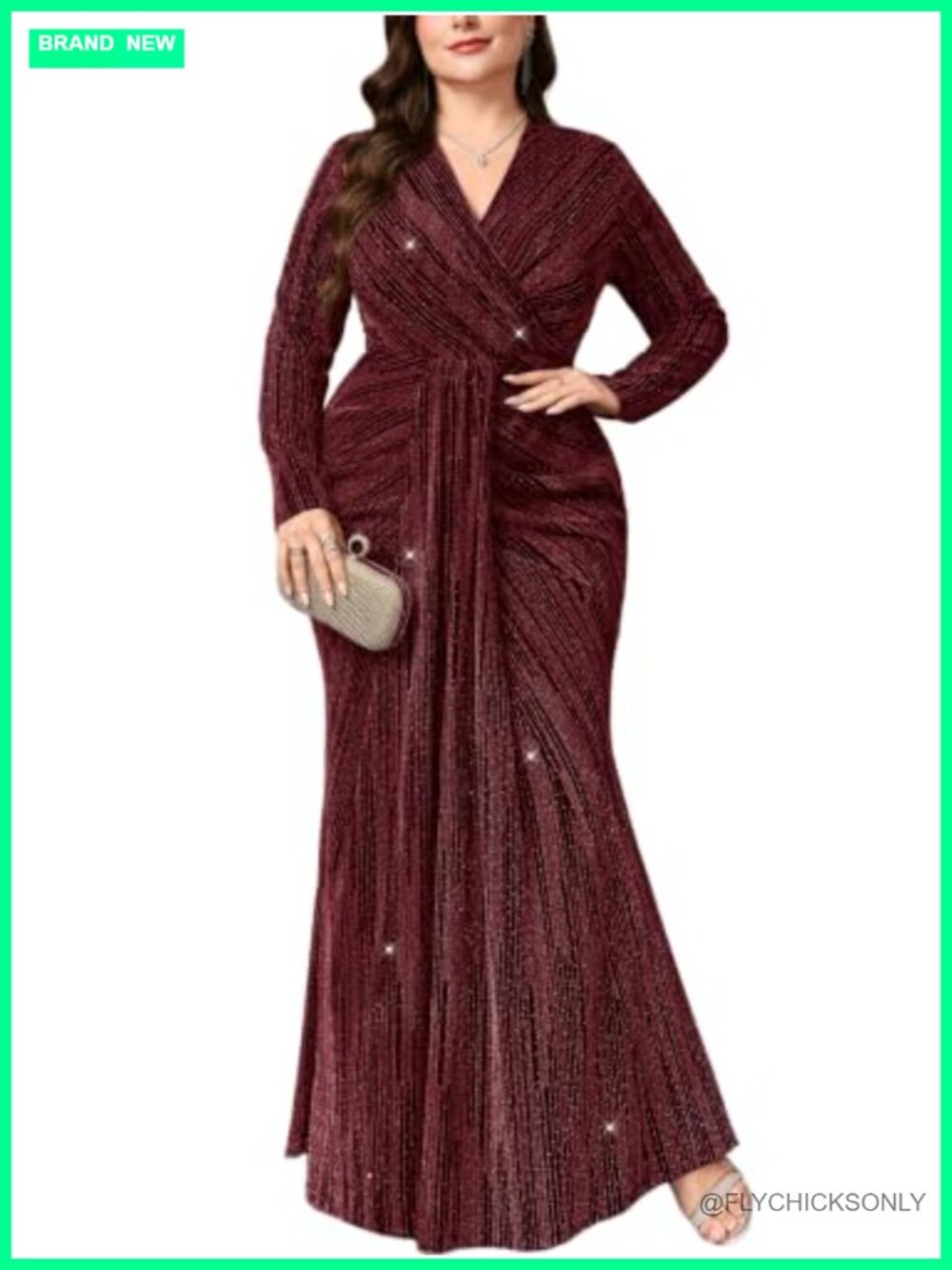 Plus Size Metallic Rhinestone Long Sleeve V-Neck Bodycon Mermaid Maxi Evening